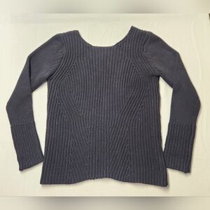 Zara Womens Deep V Back Black 100% Cotton Chunky Knit Sweater Ribbed Sleeve Sz M